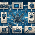 En digital illustration viser sammenkoblede ikoner, der repræsenterer begreber som AI, dataanalyse, fotografering, diagrammer, vandmærker og sikkerhed, arrangeret omkring et centralt bevinget netværkssymbol på en blå printpladebaggrund. - Kunstig intelligens AI