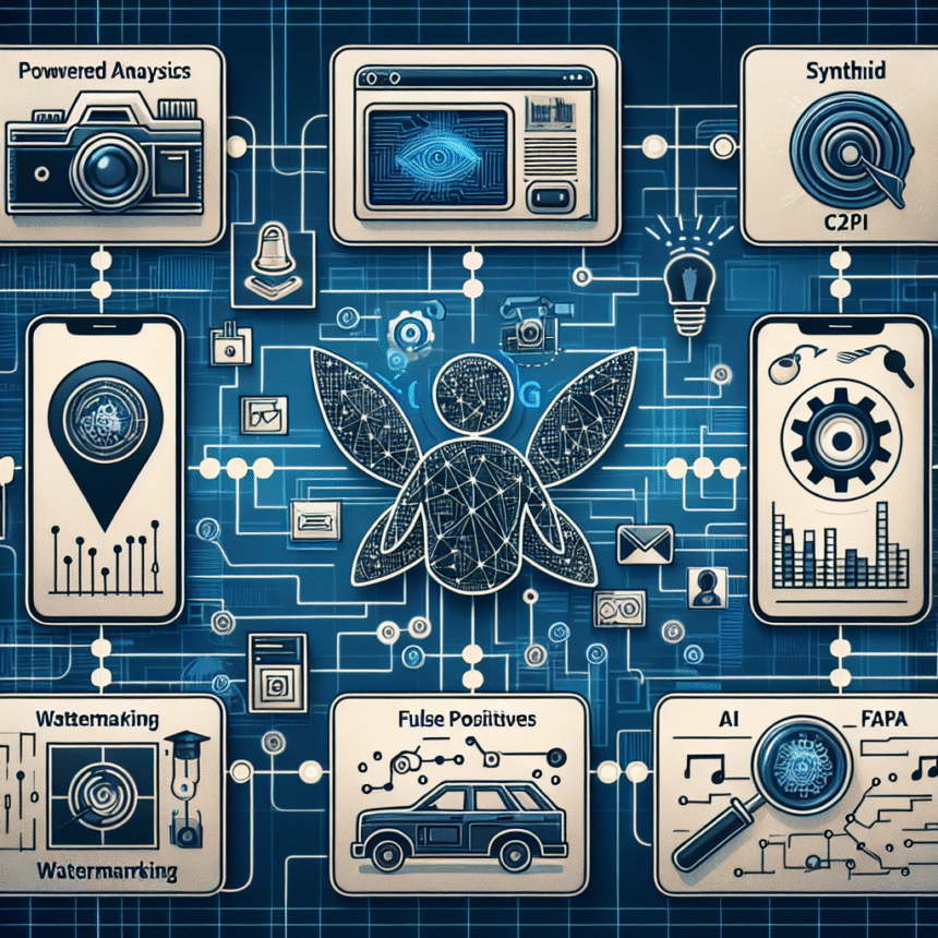 En digital illustration viser sammenkoblede ikoner, der repræsenterer begreber som AI, dataanalyse, fotografering, diagrammer, vandmærker og sikkerhed, arrangeret omkring et centralt bevinget netværkssymbol på en blå printpladebaggrund. - Kunstig intelligens AI