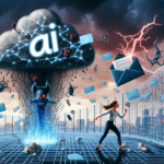 En kvinde løber fra en truende AI-sky, der frigiver digitale dæmoner og e-mails, mens lynet slår ned i en åben konvolut. Scenen symboliserer cybertrusler og AI-drevne e-mailfarer. - Kunstig intelligens AI