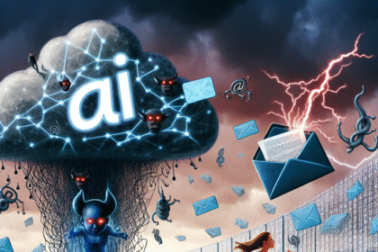 En kvinde løber fra en truende AI-sky, der frigiver digitale dæmoner og e-mails, mens lynet slår ned i en åben konvolut. Scenen symboliserer cybertrusler og AI-drevne e-mailfarer. - Kunstig intelligens AI