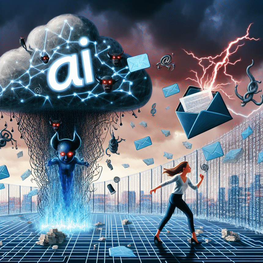 En kvinde løber fra en truende AI-sky, der frigiver digitale dæmoner og e-mails, mens lynet slår ned i en åben konvolut. Scenen symboliserer cybertrusler og AI-drevne e-mailfarer. - Kunstig intelligens AI