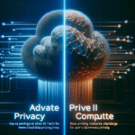 En digital illustration af to skyformer delt af en glødende linje, der repræsenterer "Advate Privacy" til venstre og "Prive II Compute" til højre, med abstrakte kredsløb og tekst med AI-tema, der understreger databeskyttelse og standarder i skyen. - Kunstig intelligens AI