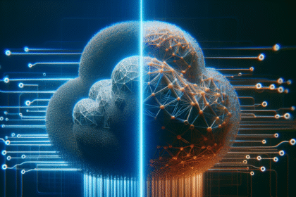 En digital illustration af to skyformer delt af en glødende linje, der repræsenterer "Advate Privacy" til venstre og "Prive II Compute" til højre, med abstrakte kredsløb og tekst med AI-tema, der understreger databeskyttelse og standarder i skyen. - Kunstig intelligens AI