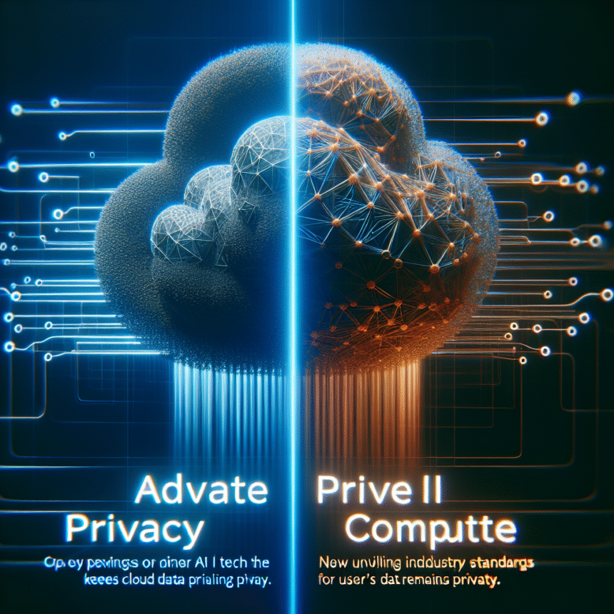 En digital illustration af to skyformer delt af en glødende linje, der repræsenterer "Advate Privacy" til venstre og "Prive II Compute" til højre, med abstrakte kredsløb og tekst med AI-tema, der understreger databeskyttelse og standarder i skyen. - Kunstig intelligens AI