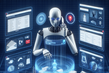 En humanoid robot interagerer med virtuelle skærme og et lysende hologram af en by, der viser data, kort og profiler, som symboliserer AI's kontrol og overvågning af et futuristisk bymiljø. - Kunstig intelligens AI