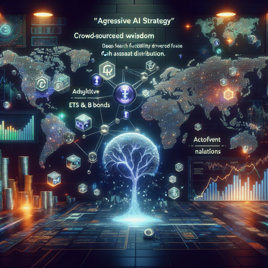 Et lysende digitalt træ står foran verdenskort, datatabeller og grafer, der repræsenterer en aggressiv AI-strategi. Svævende ikoner, nøgleord som crowd-sourced wisdom og finansielle termer symboliserer AI-drevet økonomi. - Kunstig intelligens AI