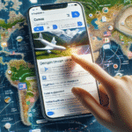 En hånd interagerer med en smartphone, der viser muligheder for rejsebestilling, f.eks. fly, hoteller og aktiviteter, over et verdenskort med landeflag og rejserelaterede ikoner i baggrunden. - Kunstig intelligens AI