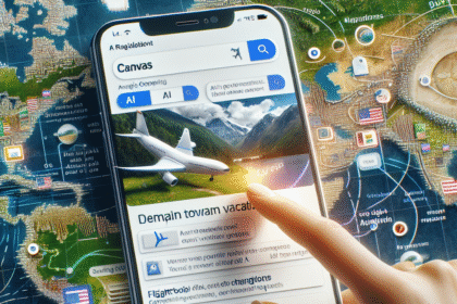 En hånd interagerer med en smartphone, der viser muligheder for rejsebestilling, f.eks. fly, hoteller og aktiviteter, over et verdenskort med landeflag og rejserelaterede ikoner i baggrunden. - Kunstig intelligens AI