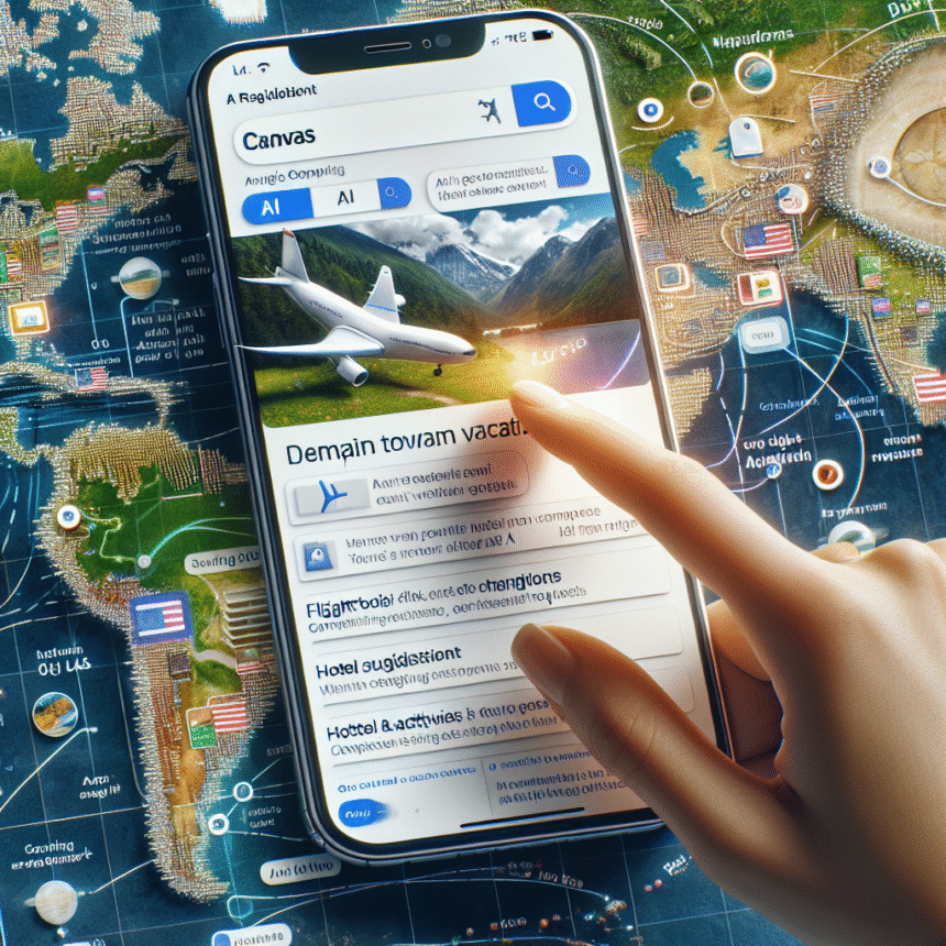 En hånd interagerer med en smartphone, der viser muligheder for rejsebestilling, f.eks. fly, hoteller og aktiviteter, over et verdenskort med landeflag og rejserelaterede ikoner i baggrunden. - Kunstig intelligens AI