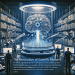 En futuristisk biblioteksscene med et stort digitalt hjernehologram i midten, omgivet af forskere, der arbejder ved computere, og robotarme, der håndterer bøger, hvilket symboliserer AI-drevet videnskabelig forskning. - Kunstig intelligens AI