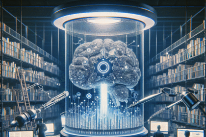 En futuristisk biblioteksscene med et stort digitalt hjernehologram i midten, omgivet af forskere, der arbejder ved computere, og robotarme, der håndterer bøger, hvilket symboliserer AI-drevet videnskabelig forskning. - Kunstig intelligens AI