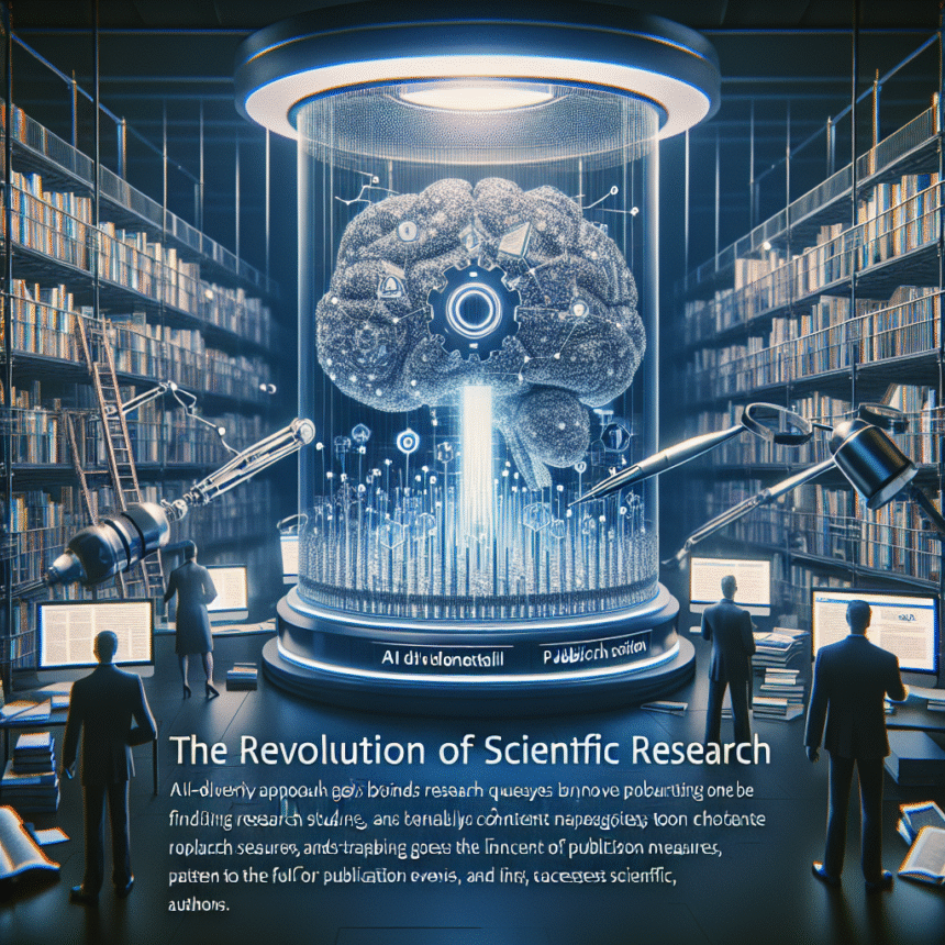 En futuristisk biblioteksscene med et stort digitalt hjernehologram i midten, omgivet af forskere, der arbejder ved computere, og robotarme, der håndterer bøger, hvilket symboliserer AI-drevet videnskabelig forskning. - Kunstig intelligens AI
