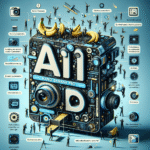 En finurlig, futuristisk AI-enhed formet som et kamera, udsmykket med bananer og små menneskefigurer, omgivet af svævende tech-ikoner og etiketter, der illustrerer egenskaber og funktioner i en legende, fantasifuld stil. - Kunstig intelligens AI