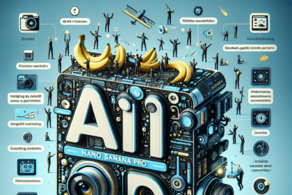 En finurlig, futuristisk AI-enhed formet som et kamera, udsmykket med bananer og små menneskefigurer, omgivet af svævende tech-ikoner og etiketter, der illustrerer egenskaber og funktioner i en legende, fantasifuld stil. - Kunstig intelligens AI