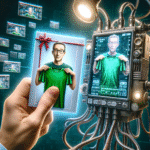 En hånd holder et kort med en tegneseriemand med briller, der holder en grøn skjorte, mens en futuristisk maskine ved siden af viser en digital version af den samme mand, der holder skjorten, omgivet af skærme og kabler. - Kunstig intelligens AI