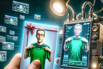 En hånd holder et kort med en tegneseriemand med briller, der holder en grøn skjorte, mens en futuristisk maskine ved siden af viser en digital version af den samme mand, der holder skjorten, omgivet af skærme og kabler. - Kunstig intelligens AI