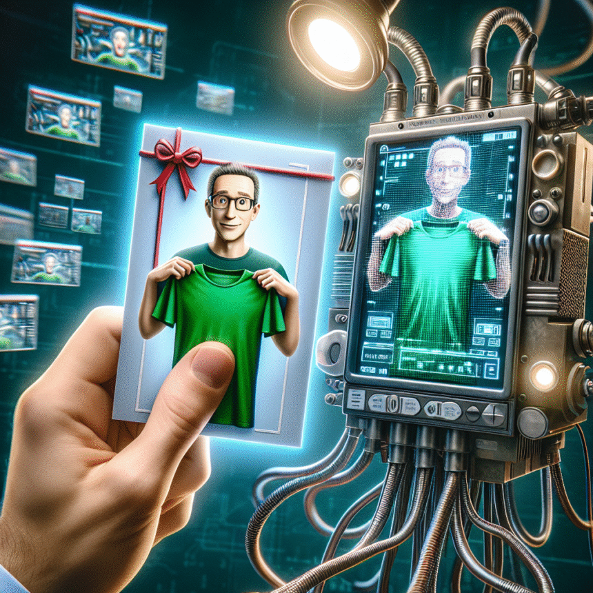 En hånd holder et kort med en tegneseriemand med briller, der holder en grøn skjorte, mens en futuristisk maskine ved siden af viser en digital version af den samme mand, der holder skjorten, omgivet af skærme og kabler. - Kunstig intelligens AI
