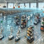 Et futuristisk lager med robotter, der organiserer tøj på hylder, digitale grænseflader, der viser lagerdata, og nogle robotter, der spiller basketball; små menneskefigurer går rundt mellem robotterne i det store, lyse industriområde. - Kunstig intelligens AI