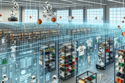 Et futuristisk lager med robotter, der organiserer tøj på hylder, digitale grænseflader, der viser lagerdata, og nogle robotter, der spiller basketball; små menneskefigurer går rundt mellem robotterne i det store, lyse industriområde. - Kunstig intelligens AI
