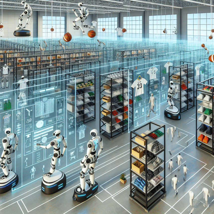 Et futuristisk lager med robotter, der organiserer tøj på hylder, digitale grænseflader, der viser lagerdata, og nogle robotter, der spiller basketball; små menneskefigurer går rundt mellem robotterne i det store, lyse industriområde. - Kunstig intelligens AI