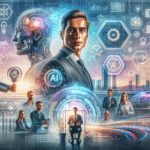 En forretningsmand i jakkesæt står selvsikkert blandt digital grafik af AI-symboler, en menneske-robot-silhuet, forskellige kolleger i møder og futuristisk teknologi, der repræsenterer kunstig intelligens i moderne erhvervsliv. - Kunstig intelligens AI