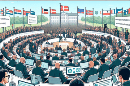 En stor international konference med delegerede, der sidder i en cirkulær sal og bruger laptops og tablets. Flere nationale flag og bannere vises, og en stor bygning er synlig i baggrunden. - Kunstig intelligens AI