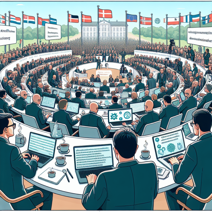 En stor international konference med delegerede, der sidder i en cirkulær sal og bruger laptops og tablets. Flere nationale flag og bannere vises, og en stor bygning er synlig i baggrunden. - Kunstig intelligens AI