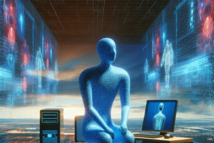 En digital humanoid figur sidder på en stol ved et skrivebord med en computer, omgivet af lysende, holografiske data og menneskefigurer i et futuristisk, virtuelt miljø. - Kunstig intelligens AI
