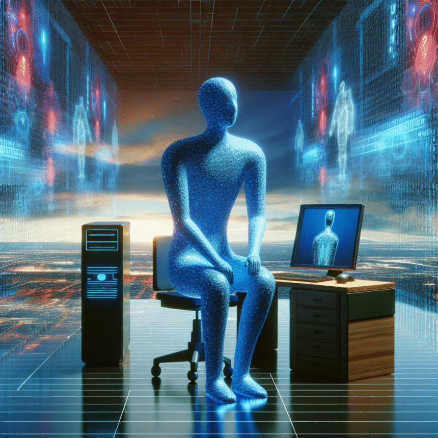 En digital humanoid figur sidder på en stol ved et skrivebord med en computer, omgivet af lysende, holografiske data og menneskefigurer i et futuristisk, virtuelt miljø. - Kunstig intelligens AI