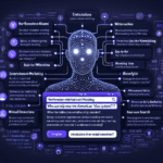 En digital illustration af en humanoid figur lavet af lysende prikker er omgivet af sammenkoblede onlineprofilelementer og tekstbobler om netværk og markedsføring, alt sammen i blå og lilla nuancer. Et stort søgefelt er centreret i forgrunden. - Kunstig intelligens AI