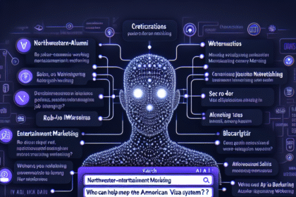En digital illustration af en humanoid figur lavet af lysende prikker er omgivet af sammenkoblede onlineprofilelementer og tekstbobler om netværk og markedsføring, alt sammen i blå og lilla nuancer. Et stort søgefelt er centreret i forgrunden. - Kunstig intelligens AI