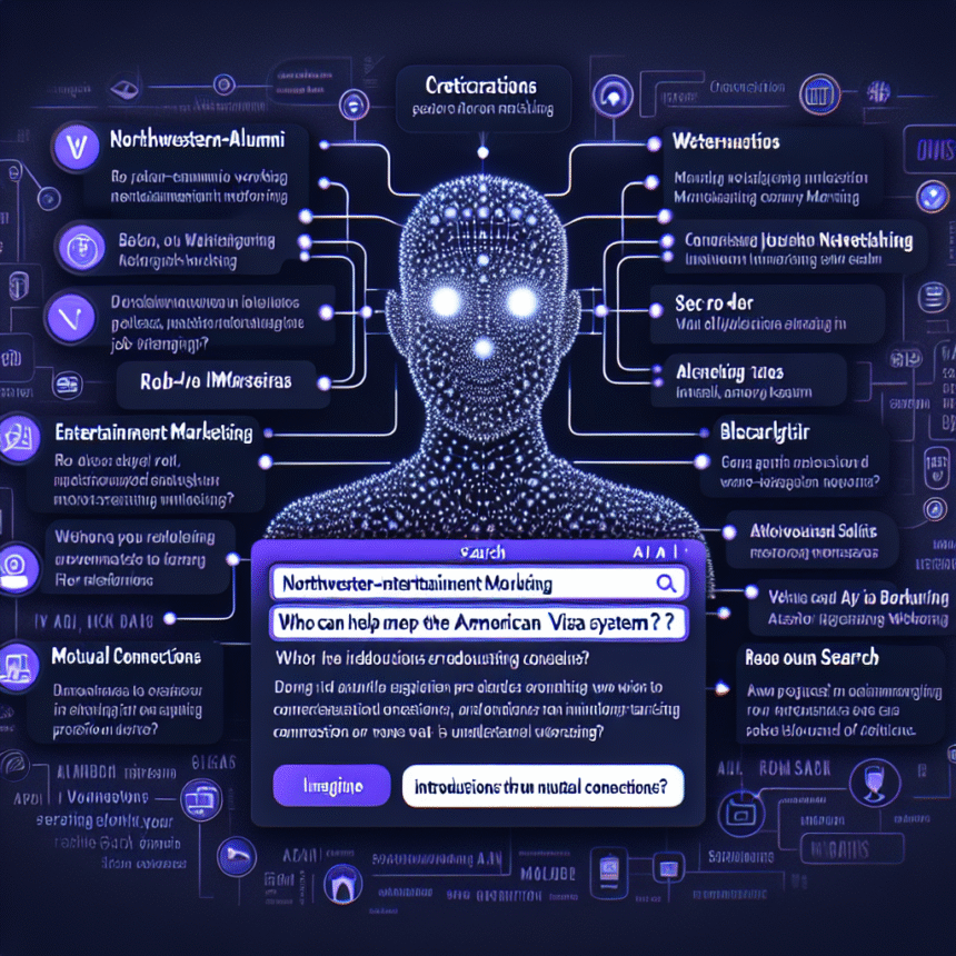 En digital illustration af en humanoid figur lavet af lysende prikker er omgivet af sammenkoblede onlineprofilelementer og tekstbobler om netværk og markedsføring, alt sammen i blå og lilla nuancer. Et stort søgefelt er centreret i forgrunden. - Kunstig intelligens AI