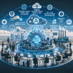 Et futuristisk kontor med mennesker ved computerborde, der omkranser en digital klode, omgivet af lysende ikoner og AI-relaterede udtryk, der illustrerer teknologiintegration og kunstig intelligens i et samarbejdsorienteret arbejdsmiljø. - Kunstig intelligens AI