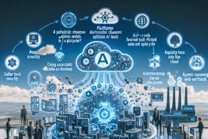 Et futuristisk kontor med mennesker ved computerborde, der omkranser en digital klode, omgivet af lysende ikoner og AI-relaterede udtryk, der illustrerer teknologiintegration og kunstig intelligens i et samarbejdsorienteret arbejdsmiljø. - Kunstig intelligens AI