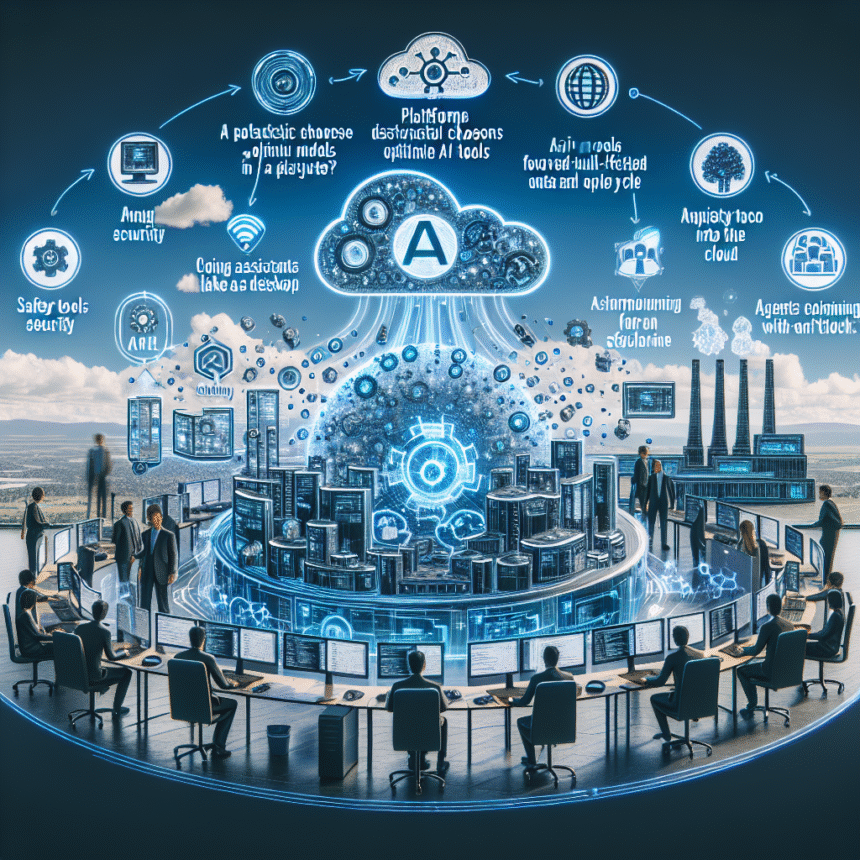 Et futuristisk kontor med mennesker ved computerborde, der omkranser en digital klode, omgivet af lysende ikoner og AI-relaterede udtryk, der illustrerer teknologiintegration og kunstig intelligens i et samarbejdsorienteret arbejdsmiljø. - Kunstig intelligens AI