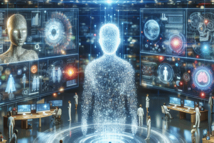 Forskere i et futuristisk laboratorium studerer en stor lysende digital menneskefigur, omgivet af holografiske skærme, der viser data og 3D-modeller, mens folk arbejder ved skriveborde med avancerede computere. - Kunstig intelligens AI