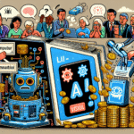 En farverig illustration, der viser forvirrede mennesker over en stor bog med påskriften AI, en robot, tandhjul, mønter og en hånd, der stempler penge, og som understreger offentlighedens bekymring over kunstig intelligens og dens økonomiske konsekvenser. - Kunstig intelligens AI