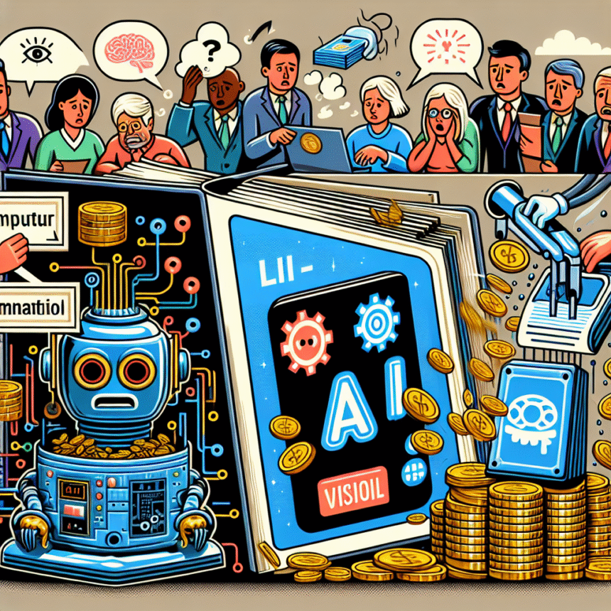 En farverig illustration, der viser forvirrede mennesker over en stor bog med påskriften AI, en robot, tandhjul, mønter og en hånd, der stempler penge, og som understreger offentlighedens bekymring over kunstig intelligens og dens økonomiske konsekvenser. - Kunstig intelligens AI