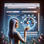 En futuristisk browsergrænseflade med privatlivsindstillinger vises på en lysende skærm. En kvinde interagerer med digitale kontroller i en skov, der fremhæver brugerens valg og privat browsing. - Kunstig intelligens AI