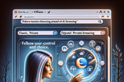 En futuristisk browsergrænseflade med privatlivsindstillinger vises på en lysende skærm. En kvinde interagerer med digitale kontroller i en skov, der fremhæver brugerens valg og privat browsing. - Kunstig intelligens AI