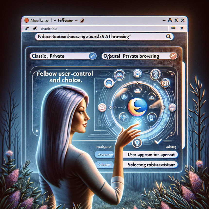 En futuristisk browsergrænseflade med privatlivsindstillinger vises på en lysende skærm. En kvinde interagerer med digitale kontroller i en skov, der fremhæver brugerens valg og privat browsing. - Kunstig intelligens AI