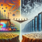 En surrealistisk scene delt i to: Den ene halvdel viser en livlig festival med folkemængder, telte og en farverig himmel; den anden halvdel viser mennesker blandt høje servere i et digitalt landskab, der er delt af en kløft, som dansende figurer bygger bro over. - Kunstig intelligens AI