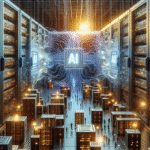 Et futuristisk datacenter fyldt med store servere og lysende AI-symboler med bittesmå menneskefigurer, der går rundt mellem udstyret og illustrerer avanceret kunstig intelligens og højteknologisk digital infrastruktur. - Kunstig intelligens AI