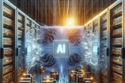 Et futuristisk datacenter fyldt med store servere og lysende AI-symboler med bittesmå menneskefigurer, der går rundt mellem udstyret og illustrerer avanceret kunstig intelligens og højteknologisk digital infrastruktur. - Kunstig intelligens AI