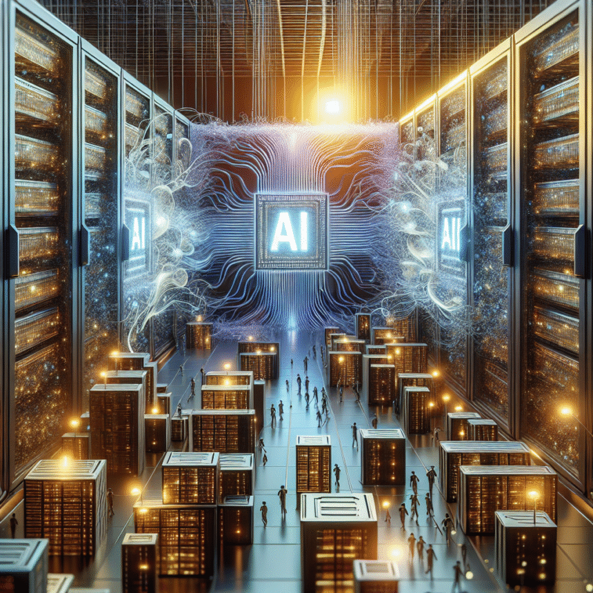 Et futuristisk datacenter fyldt med store servere og lysende AI-symboler med bittesmå menneskefigurer, der går rundt mellem udstyret og illustrerer avanceret kunstig intelligens og højteknologisk digital infrastruktur. - Kunstig intelligens AI