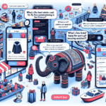En illustration af en shopping-scene med tech-tema viser en elefant i vinterfrakke, mennesker, der kigger på digitale produkter, AI-chatbobler og virtuelle indkøbsvogne. Scenen kombinerer futuristiske og hverdagsagtige elementer fra detailhandlen. - Kunstig intelligens AI