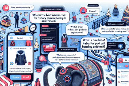 En illustration af en shopping-scene med tech-tema viser en elefant i vinterfrakke, mennesker, der kigger på digitale produkter, AI-chatbobler og virtuelle indkøbsvogne. Scenen kombinerer futuristiske og hverdagsagtige elementer fra detailhandlen. - Kunstig intelligens AI