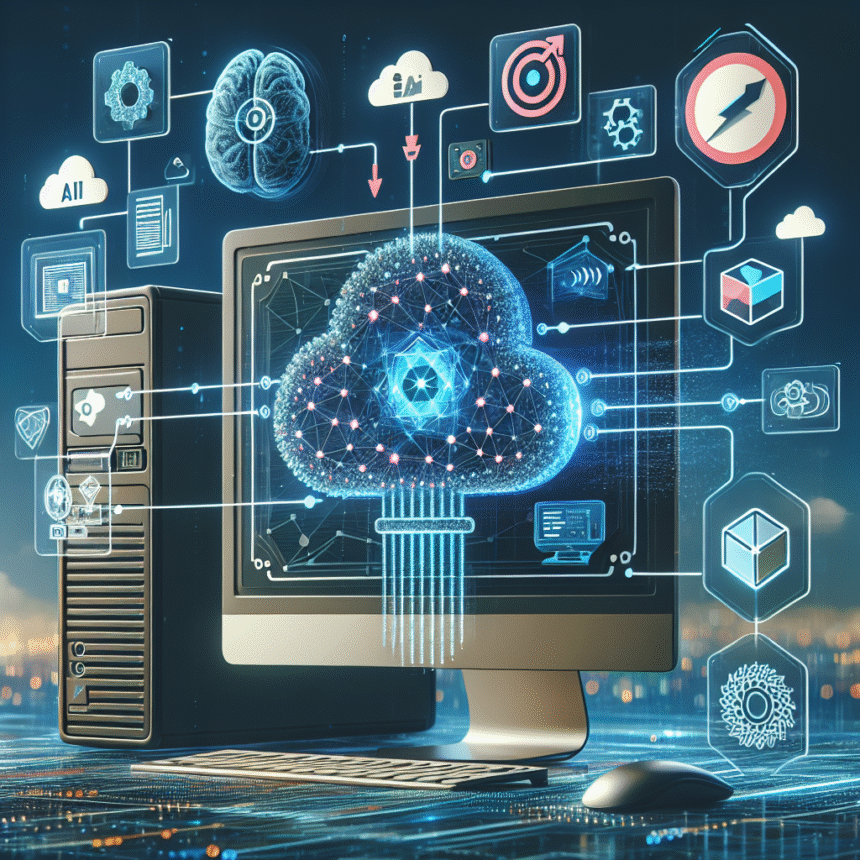 En stationær computer med et sky-ikon på skærmen er omgivet af digitale symboler, der repræsenterer AI, data og teknologi, og som illustrerer integrationen af cloud computing og kunstig intelligens. - Kunstig intelligens AI