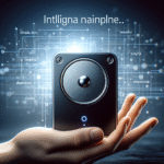 En hånd holder en elegant smarthøjttaler mod en digital baggrund med kredsløbsmønstre. Flydende ord som simple, beautiful og playful fremhæver højttalerens funktioner. Teksten ovenover lyder: "Intlligna nainplne...". - Kunstig intelligens AI