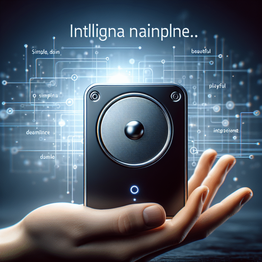 En hånd holder en elegant smarthøjttaler mod en digital baggrund med kredsløbsmønstre. Flydende ord som simple, beautiful og playful fremhæver højttalerens funktioner. Teksten ovenover lyder: "Intlligna nainplne...". - Kunstig intelligens AI